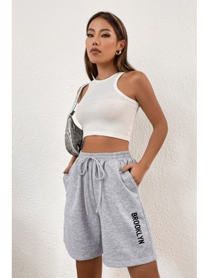 Superlife Kadın Rahat Kalıp Beli Lastikli Cepli Basklı Şort SPR24SRK208