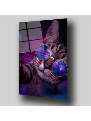 Gözlüklü Kedi Sanatsal Cam Tablo
