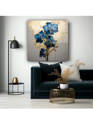 Mavi Çiçek Yağlı Boya Temalı Sanatsal Cam Tablo