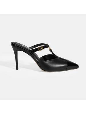 Desa Kadın Siyah Halka Aksesuarlı Deri Abiye Topuklu Terlik