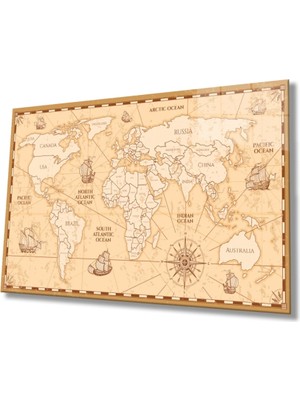 Marsilyan Tarihi Dünya Haritası Cam Tablo, Ev ve Ofis Duvar Dekoru, Hediyelik Büyük Temperli 4 mm Cam Tablo