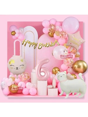 Bkmc Yıldız ve Kedi Folyo Pembe 6 Yaş Folyo Balonlu Iyi Ki Doğdun Yazılı Pembe Gold Doğum Günü Parti Seti
