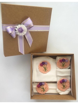 Style Baby Amazing Hoşgeldin Bebek, Yenidoğan Kız Bebek, El Örgüsü Motifli Önlük Çorap Bandana Hediye Seti