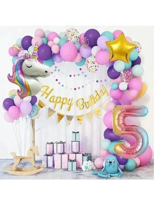 Bkmc 5 Yaş Unicorn Lüks Makoron Renkler Balon Zincir Doğum Günü Parti Seti Süsü
