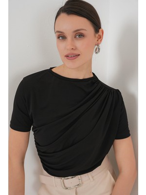 Bigdart Büzgü Detaylı Kısa Kol Sandy Bluz 945 - Siyah