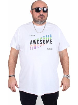 Moc Grande Erkek Büyük Beden Sıfır Yaka Tişört Awesome 25164 Beyaz