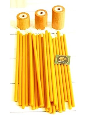 Menashop (50 Adet) Balmumu Mum ve (3 Adet) Özel Dizayn Ahşap Silindir Mumluk Dilek Mumu Doğal Petek Mum Beeswax Candle Sarı