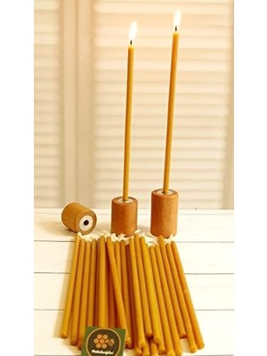 Menashop (50 Adet) Balmumu Mum ve (3 Adet) Özel Dizayn Ahşap Silindir Mumluk Dilek Mumu Doğal Petek Mum Beeswax Candle Sarı