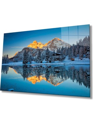 Mavi Dağ Yansıma Manzarası Cam Tablo, Ev ve Ofis Duvar Dekoru, Hediyelik Büyük Temperli Cam Tablo
