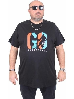 Starbattal Erkek Büyük Beden Sıfır Yaka Tişört Lets Go 25161 Sıyah