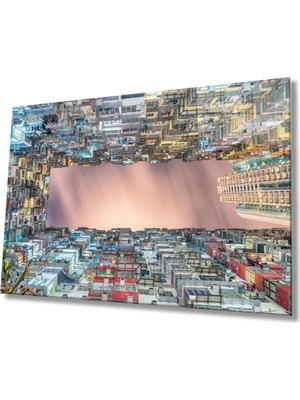 Renkli Balkonlu Geometrik Bina Cam Tablo, Ev ve Ofis Duvar Dekor Hediyelik Büyük Tablo Dayanıklı Cam