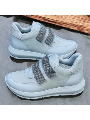 Taşlı Simli Düz Beyaz ve Siyah Cırtlı Ortopedik Bayan Spor Sneakers Ayakkabı