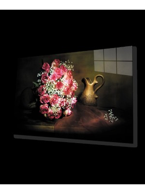 Marsilyan- Pembe Beyaz Güller Natürmort Cam Tablo