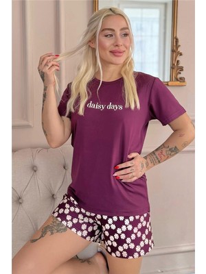 Mor Daisy Days Desenli Kısa Kollu Şortlu Örme Kadın Pijama Takımı