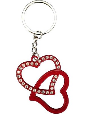 Gampus Metal Kırmızı Taş İşlemeli Sevgili Aşk Anahtarlığı 1 Adet Anahtarlık İçi İçe Geçmiş Kalpler