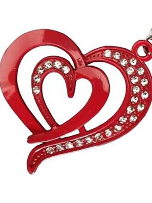 Gampus Kalp İçerisinde Küçük Kalp Taş İşlemeli Metal Kırmızı Renk 2 Adet Çift Anahtarlığı