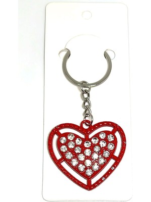Gampus Metal Kırmızı Kalp Üzerinde Kristal Taşlar İle Dizayn Edilmiş Sevgili Anahtarlığı 2 Adet Anahtarlık