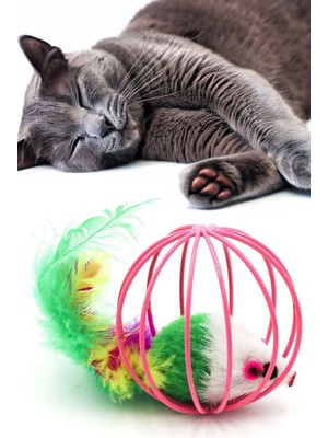 Gampus Renkli Metal Kafesli Peluş Fareli Kedi Oyuncağı, Eğlenceli Oyun Topu, Köpek İçin