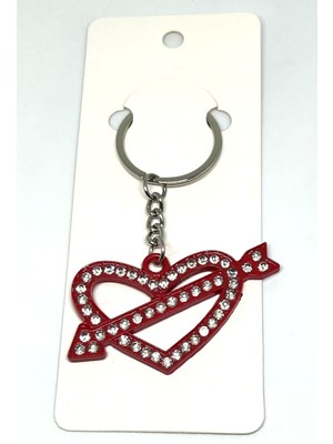 Gampus Kırmızı Oklu Kalp  Üzeri Kristal Taş İşelemeli Metal Anahtarlık Sevgili Anahtarlığı