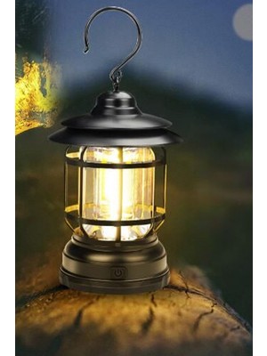 Gampus Şarjlı Dekoratif Beyaz LED Kamp Lambası, Portatif El Feneri, Işıldak Gece Lambası Siyah