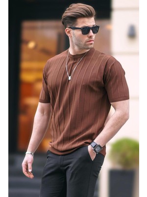 Madmext Erkek Kahverengi Tişört Kısa Kol Düz Desenli İnce Kumaş L Beden