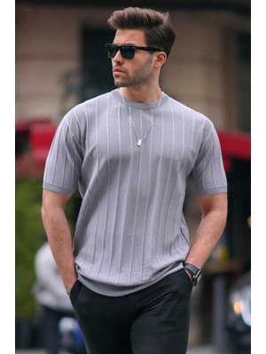 Madmext Erkek Gri Tişört Kısa Kol Günlük Tarz İnce Dokuma Malzeme L Beden