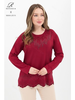 Kadın Orta Yaş ve Üzeri Viskon Damla Desen Taşlı Işlemeli Likralı Bordo Anne Penye Bluz