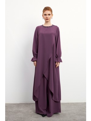 Asimetrik Kesim Tunik Pantolon Takım - Leylak