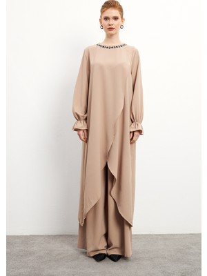 Asimetrik Kesim Tunik Pantolon Takım - Bej