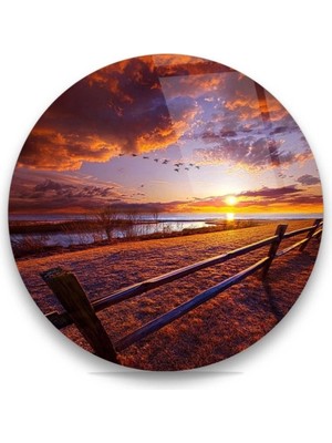 Marsilyan Batan Güneş Manzarası Yuvarlak Cam Tablo