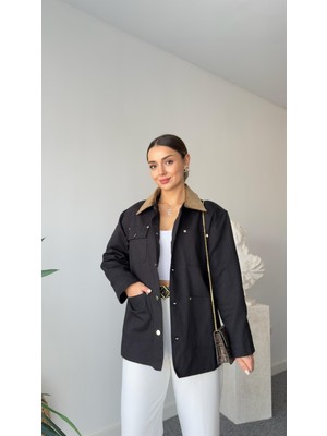 Qimya Butik Keyymod Kadın Kadife Yakalı Gabardin Kumaş Kısa Ceket Trenç