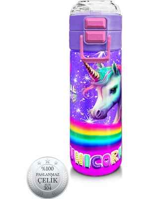Coral High Unicorn Desenli Çelik Termos 500 ml 31837 Mor Renkli Pipetli ve Direkt İçim Özelliği