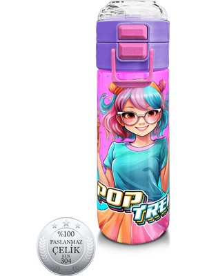 Coral High Kids Pembe Turkuaz K-Pop Desenli Pipetli ve Direkt Içim Çelik Termos 500 ml 31865