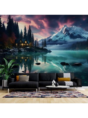 Göl Orman ve Karlı Dağ Manzaralı Duvar Kağıdı