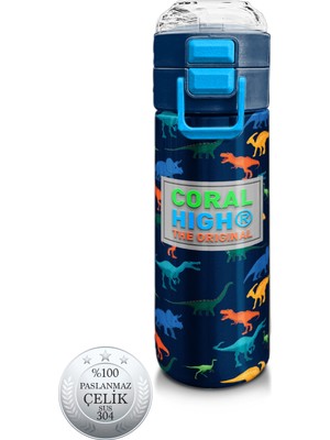 Coral High Kids Lacivert Mavi Dinozor Desenli Pipetli ve Direkt Içim Çelik Termos 500 ml 31907