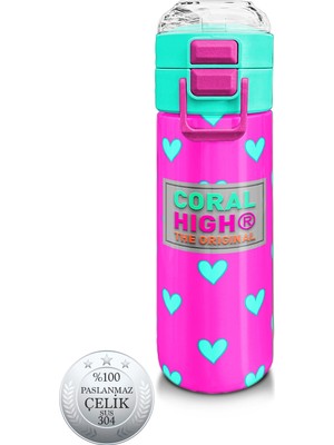 Coral High Kids Neon Pembe Su Yeşili Kalp Desenli Pipetli ve Direkt Içim Çelik Termos 500 ml 31906