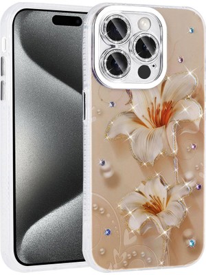 Apple iPhone 15 Pro Max Kılıf Çiçek Desenli Parlak Taşlı Sert Silikon Zore Garden Kapak-Pembe Açık-8