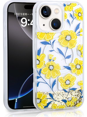 ZORE Apple iPhone 15 Uyumlu Kılıf Sıvılı Simli Baskılı Şeffaf Arka Yüzey Zore Mossa Silikon KAPAK-SARI-86804368