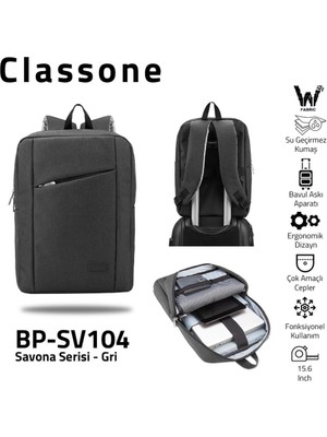 Classone BP-SV104 Savona Serisi WTXpro Su Geçirmez Kumaş 15.6" Notebook-Laptop Sırt Çantası-Gri