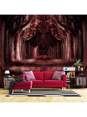 Kırmızı Yapraklı Orman Yolu Manzaralı Duvar Kağıdı