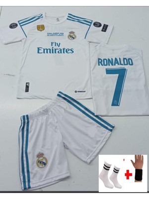Real Madrid Ronaldo 2018 Beyaz Takım Çocuk  Alt-Üst Takım T-Shrt +Şort+Çorap+Bileklik