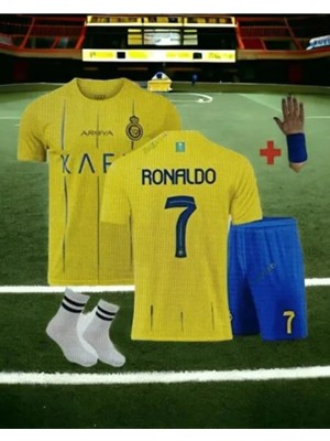 All Nassr Ronaldo Iç Saha Sarı Takım Çocuk Alt-Üst Takım T-Shrt +Şort+Çorap+Bileklik