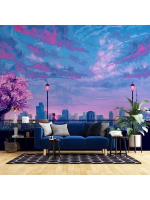 Dinlendirici Pembe Ağaç Şehir Çizimi Duvar Kağıdı