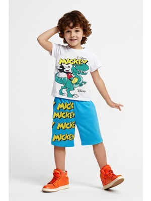 Trend Bebe Butik Mickey Mouse Erkek Çocuk Şortlu Takım Yazlık Pamuklu T-Shirt ve Şort 2'li Set Kısa Kollu Spor Günlük Ev Giyim