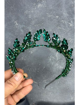 Zümrüt Yeşili Venüs Yaprak Tasarım Gelin Kına Tacı Saç Aksesuarı