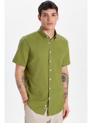 Erkek Slim Fit Dar Kesim Kısa Kollu %100 Pamuk Keten Doku Haki Düğmeli Yaka Gömlek
