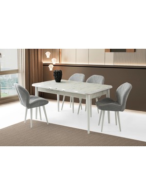 Ahşap Salon Yemek Masa Sandalye Takımı 4 Porto Sandalyeli Ortadan Açılır Büyüyen 80 x 130 cm  Mermer Desen