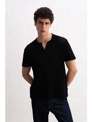 Dökümlü Triko Siyah T-Shırt