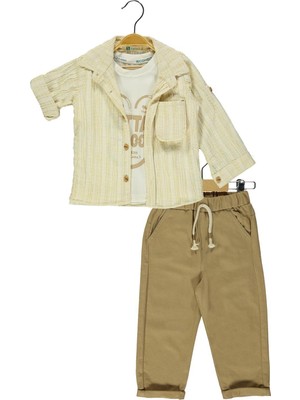 Kıpırık Baby 3' Lü  Erkek Çocuk Açık Kahve Keten Gömlekli Takım