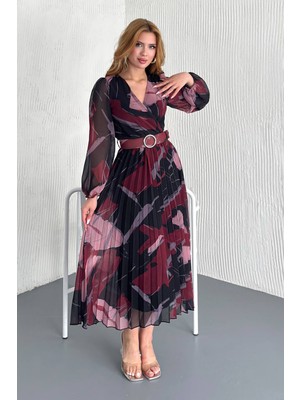 Neşeli Butik Kadın Kemerli Kruvaze Yaka Desenli Şifon Elbise NBK20302